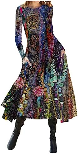 שמלת שרוול ארוך של נוקמופו לנשים סקסיות אופנה מזדמנת מודפסת סוודר צוואר עגול שמלת שרוול ארוך