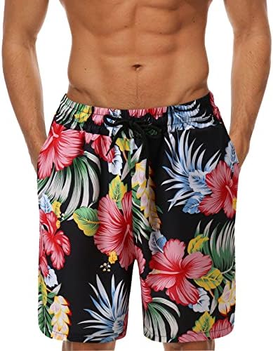 Beuu קיץ מכנסי חוף הוואי לקיץ לגברים, הדפס פרחוני טרופי מכנסיים קצרים