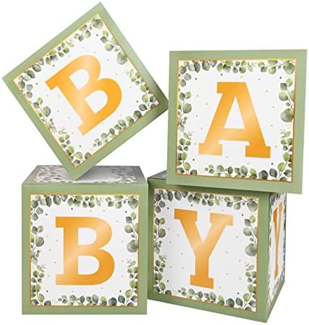 מרווה ירוק תינוק קופסות 4 יחידות תינוק מקלחת קישוטי עם אותיות מודפס אקליפטוס עלים עבור בנים ובנות תינוק מקלחת