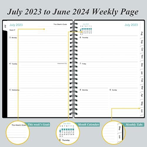 מתכנן 2023-2024-א5 מתכנן שבועי וחודשי ומגזין למעקב אחר יעדים, יולי 2023-יוני 2024, 6.4 על 8.5