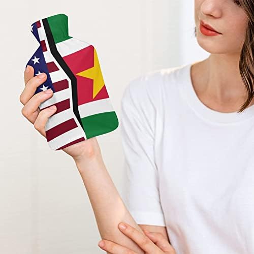 דגל אמריקאי וסורינאם בקבוק מים חמים עם כיסוי רך 1L תיק חם קלאסי גדול יותר לרגלי יד צוואר