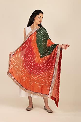 הודו אקזוטית רב-צבעונית בצבע עניבה בנדאני דופטה מגוג'אראט עם גבול טלאי זארי ועבודות חרוזים-משי אמנות