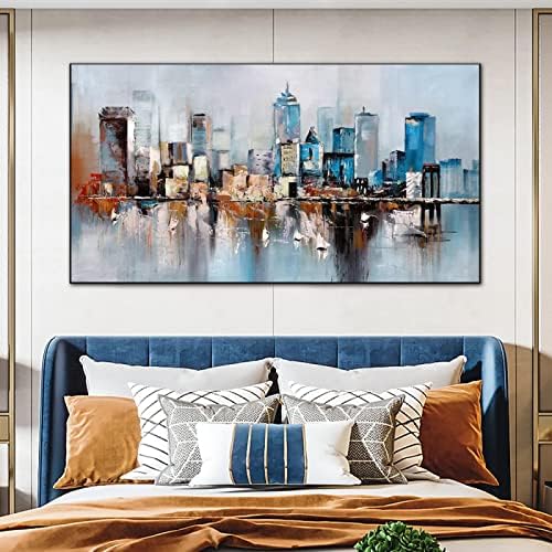 ציור שמן על בד מודרני מופשט קיר אמנות ניו יורק עיר בניין סקייליין אפור שמן לסלון בית תפאורה ללא מסגרת