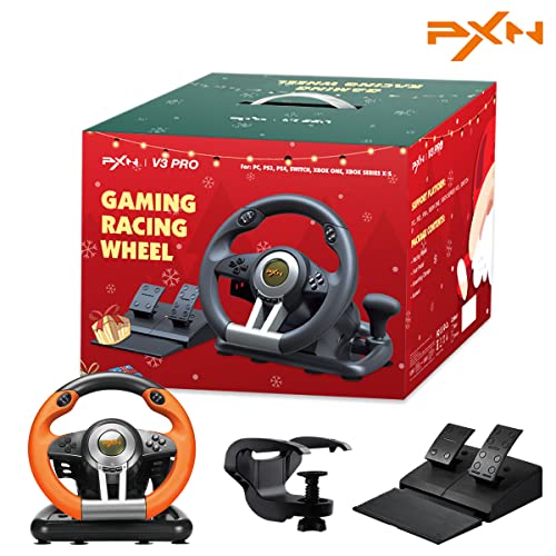 PXN V3III PS4 גלגל מירוץ - 180 מעלות גלגל הגה ומנועים כפולים רטט, גלגל מירוץ עם דוושה ליניארית/בלם מאיץ, עבור PC/PS4/Xbox