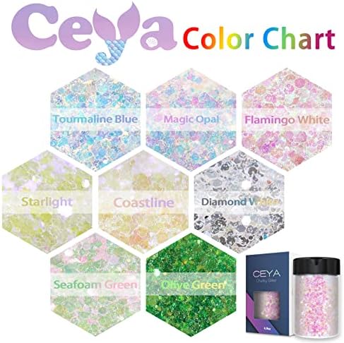 Ceya High Gloss Iridescence Glitter, 4.9oz/ 140 גרם אבקת נצנצים של מלאכה לבנה יהלום מעורבב פתיתי אופי דק