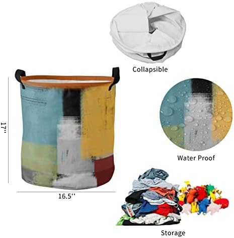 סל כביסה מתקפל - 16.5 על 17 ב צבעוני גיאומטרי סל אחסון סל כביסה עם ידיות, מופשט אמנות שמן ציור עמיד למים בגדי
