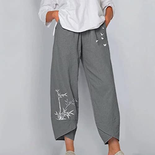 מכנסי קיץ מזדמנים עם כיס פשתן כותנה מותניים אלסטיים מכנסי רגל רחבים בתוספת מכנסי קפרי קצוצים