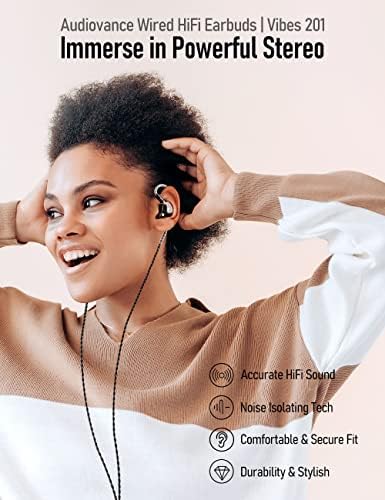 Vibes Audiovance 201l אוזניות קוויות באוזניות באוזן, עם מתאם 3.5 ממ לברק לאייפון, מבטל רעש מונע בס, מאובטח