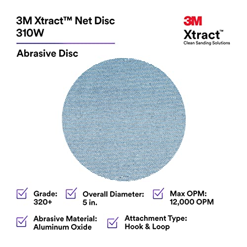 3M Xtract Net Disc 310W, 320+, 5 אינץ ', Die 500X, חבילה של 50 דיסקי מלטש וו וולאה, כמעט ללא אבק,
