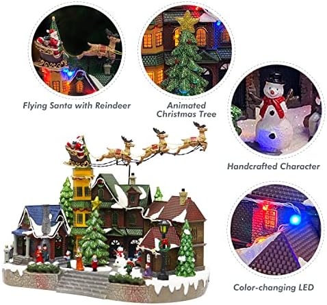 עיצוב חתיכת כפר חג המולד, סנטה רכיבה במזחלת, עם בנייני עץ חג המולד וכפר, הכוללים פנסי LED, מוזיקת ​​חג המולד ומתאם