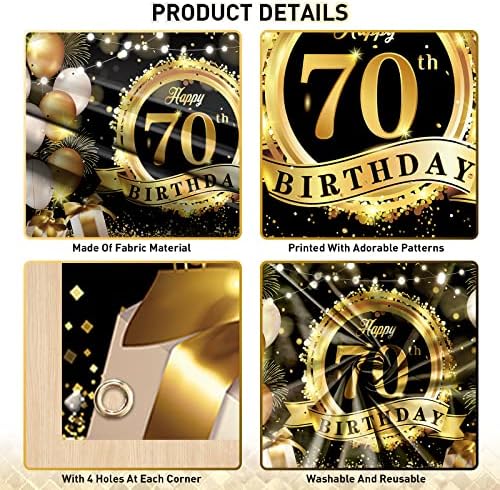 יום הולדת 70 שמח קישוט רקע באנר שחור זהב גדול במיוחד בד שלט יום הולדת פוסטר צילום רקע 70 שנה אספקת