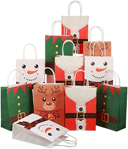 24 יחידות חג המולד נייר מתנת שקיות עם ידיות סנטה קלאוס איש שלג צבי חליפת הדפסי מתנת תיק סט, חג המולד לטפל