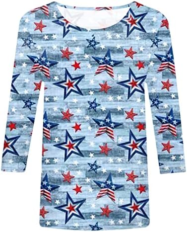 4 ביולי חולצות לנשים ארהב דגל קיץ 3/4 שרוול צוות צוואר חולצה שלושה רבעים שרוול חג מזדמן חולצה למעלה