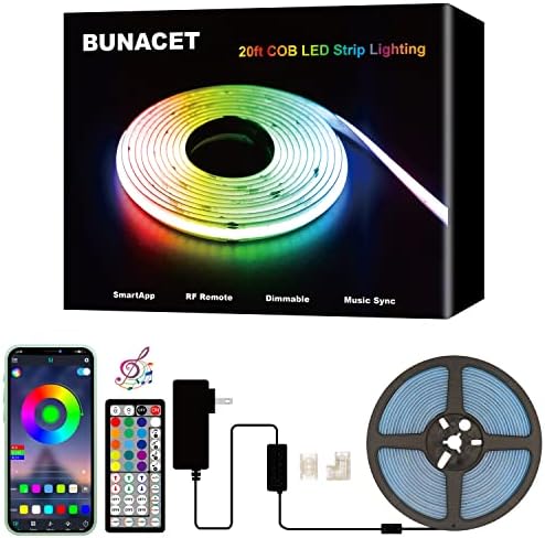 Bunacet Cob RGB אורות רצועת LED, נורות LED בהירות 20ft COB COB לחדר משחק חדר שינה תאורת מטבח דקור בית
