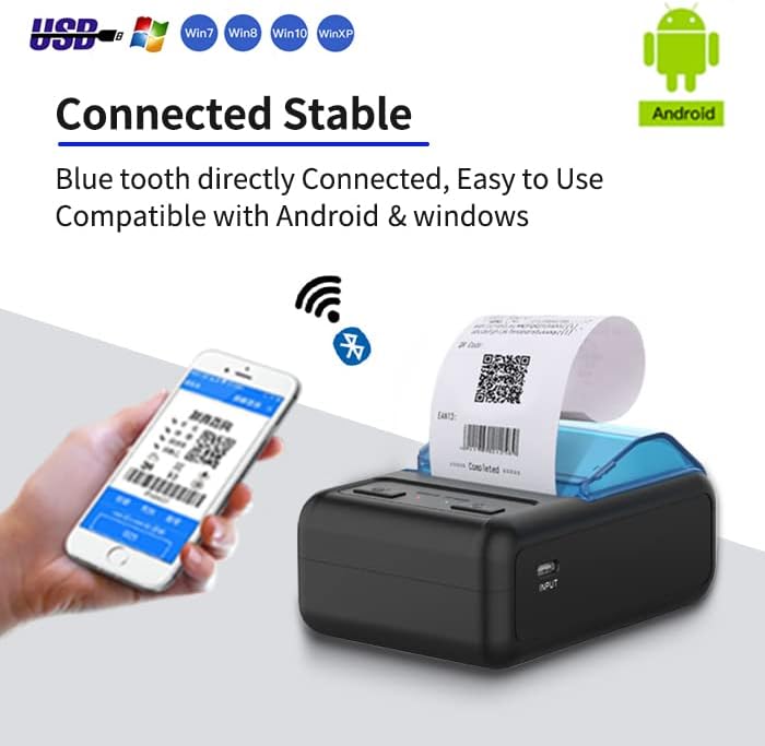Meihengtong 58 ממ מדפסת קבלה ניידת של Bluetooth, מדפסת POS ניידת ניידת לעסקים קטנים, מדפסת כרטיסים מיני 2.28