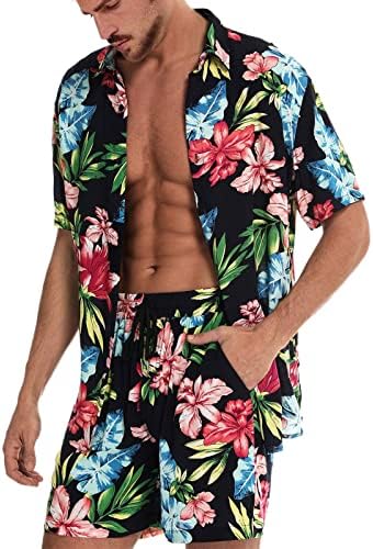 גברים אביב קיץ סט קיץ מזדמן פרחוני חוף הוואי קובע כפתור מזדמן טרופי למטה חליפה קצרה לגברים