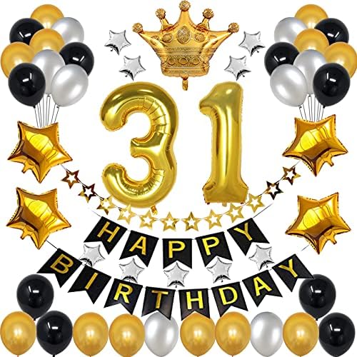 RBYOO קישוטי יום הולדת 31 לגברים נשים, שחור וזהב 31 בלוני יום הולדת ציוד עם 31 בלון זהב בלון יום הולדת שמח באנר