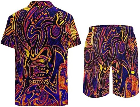 פסיכדלי ארץ הפלאות גברים 2 חלקים הוואי סט מכפתור חולצות שרוול קצר מכנסי חוף רופפים מתאימים
