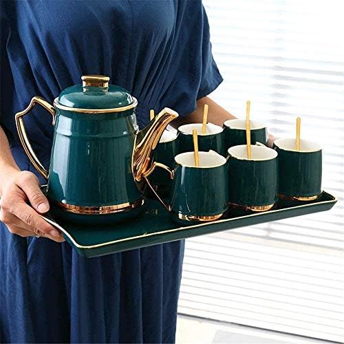 סט תה ביתי סט פשוט בסגנון נורדי סגנון זהב כוס קרמיקה קרמיקה כוללת 6 יח 'כוס תה וכף עם מגש קרמיקה קומקום
