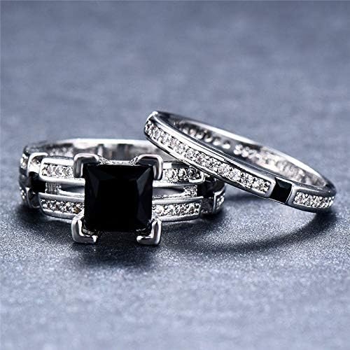 אהבה רומנטית נסיכה חתוכה ספיר שחור CZ טבעת נישואין סט 925 תכשיטים כסף