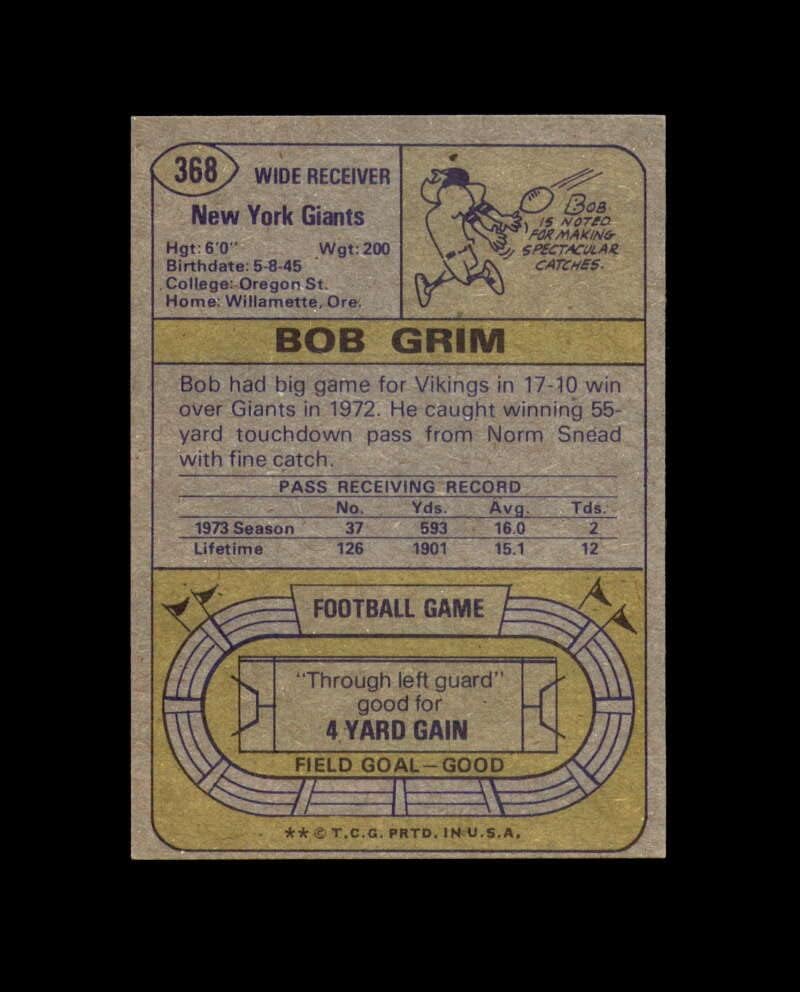 בוב גרים יד חתומה 1974 Topps New York Giants Autoglogg
