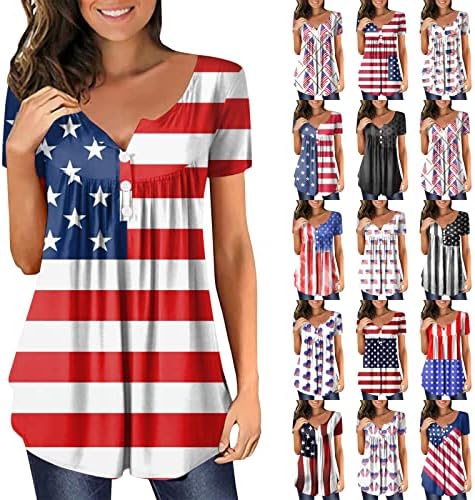 חולצות מזדמנים לנשים אופנה פלוס גודל יום עצמאות יום דגל אמריקאי הדפס כפתור שרוול קצר