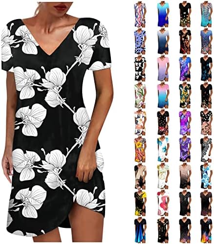 שמלות קיץ של HPJKlytr לנשים 2023 הדפסת כותנה מזדמנת אופנה V צוואר שרוול קצר רופף ישר שמלות מיני ליין