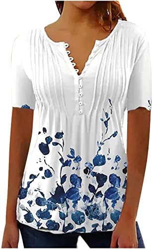 חולצת טי אלגנטית של נשים אלגנטיות V כפתור צוואר חולצות רושות הדפס פרחוני חולצה שרוול קצר 2023