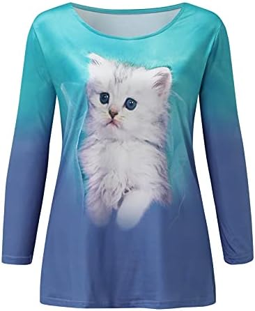 נשים חתול חמוד מודפסות חולצות גרפיות צוואר צווארון שרוול ארוך סווגי טוניקה מזדמנים חידוש חולצת טריקו