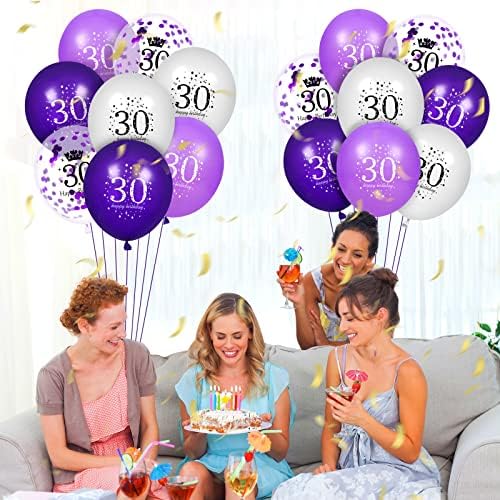 קישוטי בלוני יום הולדת סגולים 30, 16 יחידות סגול לבן יום הולדת 30 שמח בלוני לטקס קונפטי לנשים גברים יום הולדת