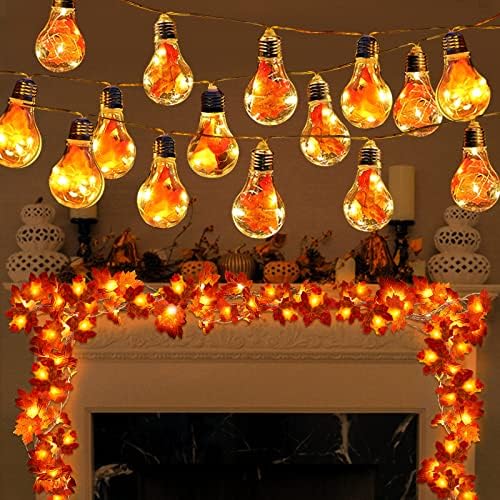 2 פאק חג ההודיה קישוטים ליל כל הקדושים סתיו אורות גרלנד אורות ביתיים עם נורות סהכ 19.6 רגל אורות מחרוזת