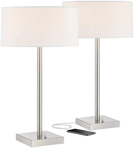 360 תאורה מנורות שולחן מודרניות 26 3/4 סט גבוה של 2 עם נמלי טעינה USB ודימרים מוברש תוף בד לבן