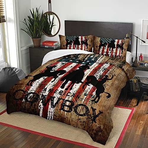 Ailonen Western Cowboy Comforter Set for Kids Boys Teens, Rodeo Caboy Riding Riding With עם חבלים ישנים חבלים