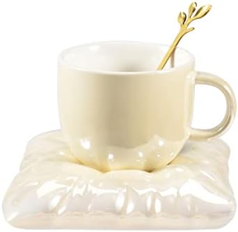 ספל קפה קרמי קויתין עם צלוחית, כוס חמודה יצירתית עם רכבת כרית למשרד ולבית, 8.5 עוז/250 מיליליטר לחלב