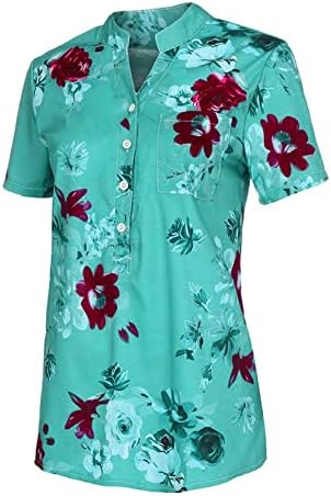 צמרות קיץ לנשים 2023 כפתור שרוול קצר למטה חולצות פרחים הדפסת חולצות אלגנטיות עם כיסי חזה טוניקות חולצת