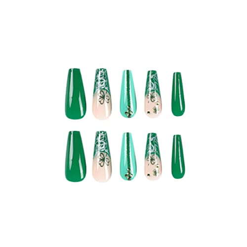 יהלומים משובץ מניקור לחץ על ציפורניים ארוך ארון מזויף ציפורניים צרפתית שווא ציפורניים אקריליק בלרינה ירוק