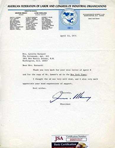 ג'ורג 'Meany JSA Cert יד חתמה על 1974 מכתב AFLCIO נשיא AUTOGRATHT