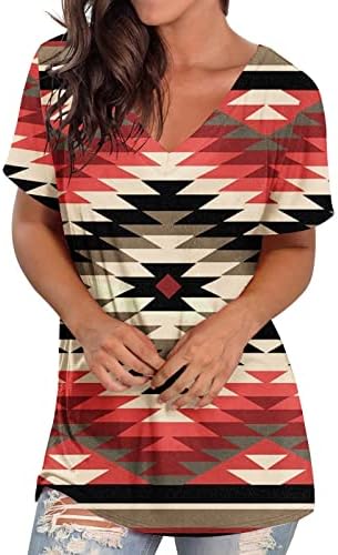 חולצות T צוואר לנשים רופפות חולצות בהוואי רופפות שבטיות אצטקיות הדפסת צמרות קיץ וינטג 'וינטג