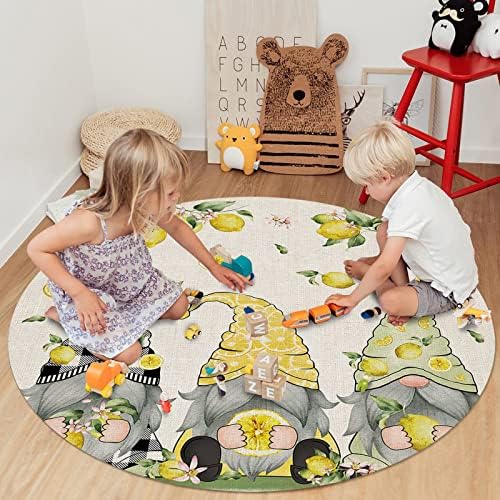 שטיח אזור עגול גדול לחדר שינה בסלון, שטיחים ללא החלקה בגודל 3.3ft לחדר ילדים, גמדי קיץ עם לימונים
