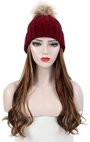 לרכוש אופנה אירופאי ואמריקאי גבירותיי שיער כובע אחד אדום סרוג כובע פאה ארוך מתולתל חום פאה וכובע אחד
