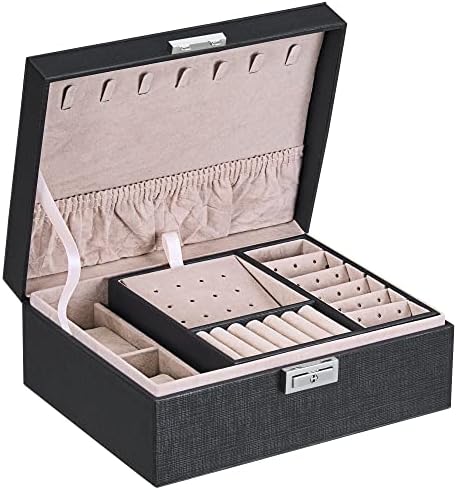 קופסת תכשיטים בוישום לנשים בנות, 2 שכבות תיבת מארגן תכשיטים עם 2 מארז שעונים מגש נשלף, קופסאות