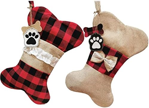 Souarts 2 pcs כלב חיות מחמד גרבי חג המולד באפלו משובצים גרבי חג המולד כלב כפה עצם צורת חיות מחמד גרביים תלויים