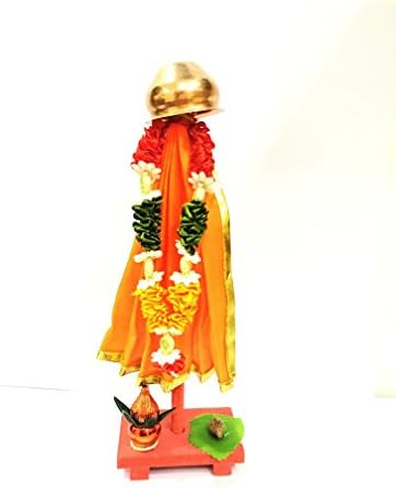 Itiha gudi padwa showpiece עם כלי נחושת מלאכותי הפוך, סארי כתום, עלה עם סופרי וקלש על בסיס עץ, מתנה