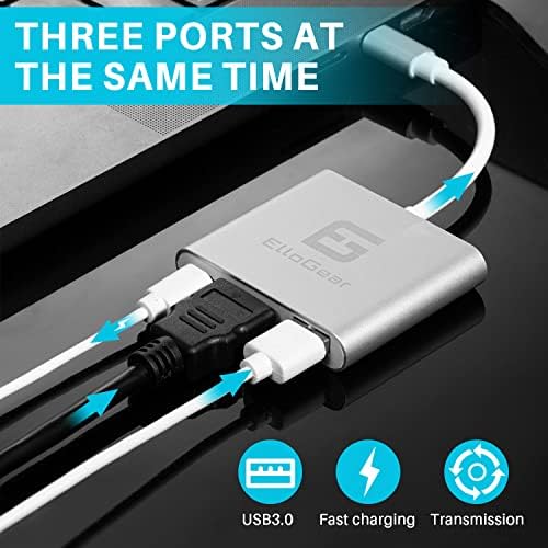 Ellogear USB C עד 3 PORT HDMI מתאם רכזת, סוג C עד 3 יציאה הכוללת יציאת USB C, HDMI ו- USB 3.0 נוספת,