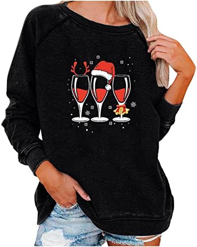 סווטשירט סווטשירט לחג המולד לנשים היין אדום הדפסת זכוכית מזדמנים שרוול ארוך שרוול ארוך צווארון