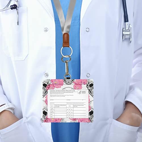 כיסוי מחזיק כרטיס חיסון 4 * 3 מגן כרטיס חיסון גולגולת עם שרוך מגן כרטיס חיסון בעל כרטיס חיסון פרחים ורודים