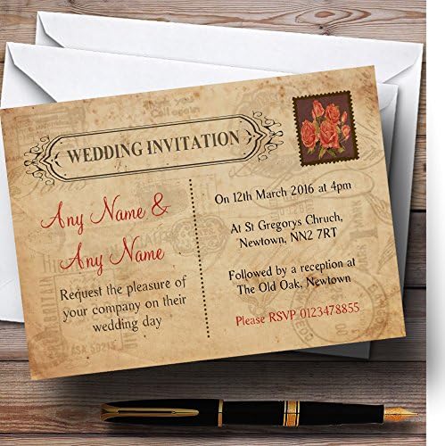 גלויה וינטג 'שיקית עלוב חותמת ורדים כפרית הזמנות לחתונה בהתאמה אישית