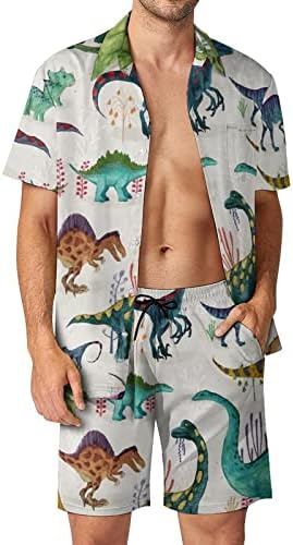 Weedkeycat דינוזאורים בהירים תלבושות חוף לגברים 2 חלקים כפתור הוואי למטה חולצה מטה שרוול קצר