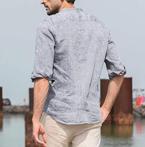 חולצת פשתן של ICJJL MEN כפתור מזדמן מטה שרוול ארוך כותנה עמדת צווארון קל משקל קלה