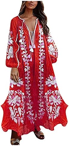 נשים של מקסי ארוך שמלה אתני סגנון קיץ מזדמן רופף שמלות ארוך שרוול עם צווארון טוניקת שמלה